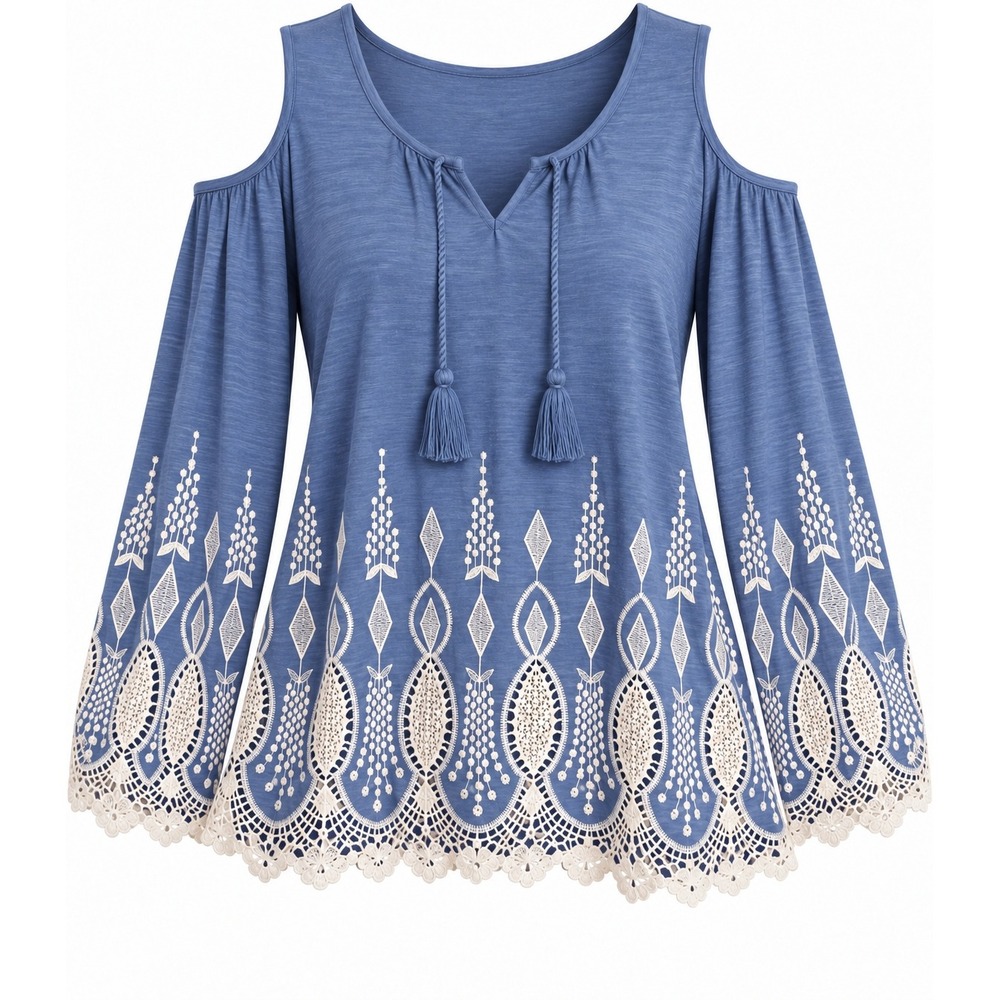 Chico's Blue Cold Shoulder Embroidered Lace Trim Boho Top Size 2 Medium L